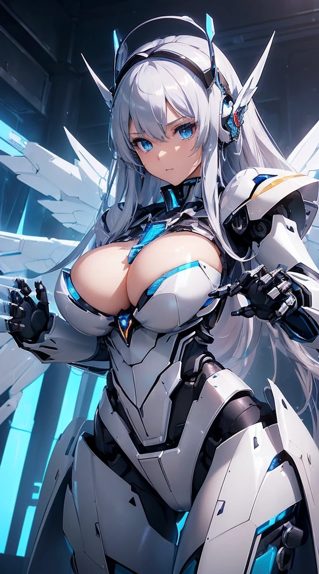 ((Intense action pose:1.6))、((Shining lenses on both breasts:1.3))、((Blue pillars of light are emanating from both chests.:1.3))、smile、((8K)), ((32k)), ((Highest quality)), ((masterpiece)), ((超A high resolution)), ((Tmasterpiece)), ((Halation:1.4))、((Mechaニカルheadgear:1.2))、((Cyber Headphones:1.3))、Fine skin, High quality fabric, Fine metal texture、((Beautiful and dense face))、RAW Photos、Professional, Ultra-fine painting, ((alone)), Beautiful breasts、Highest quality, Very detailed, Very detailed詳細, Finer details, so beautiful, ((Princess Knight Robot:1.2)), (Joints of machines, Mechanical Limbs:1.3), (The internal structure of the machine is exposed:1.3), (Long silver hair:1.1), (Beautiful and huge mechanical breasts)、White Veil, cowboy_shot, Side Focus, headgear, Shiny、(Five Fingers, Four fingers and thumb),Concept Art, Anime fantasy artwork, Detailed fantasy art, (with pale blue-violet hair and large white wings,,,,,,,), (((Long silver hair))), (Mecha:1.6)、Sleek and intimidating design, ((Commander-in-Chief'arm)), (Perfect robot body)、純白と青紫armまたは, Symmetrical wings, 8K high quality, detailed art, 3D rendering of character art in 8K, neat legs, Defined, Defined fingers,
