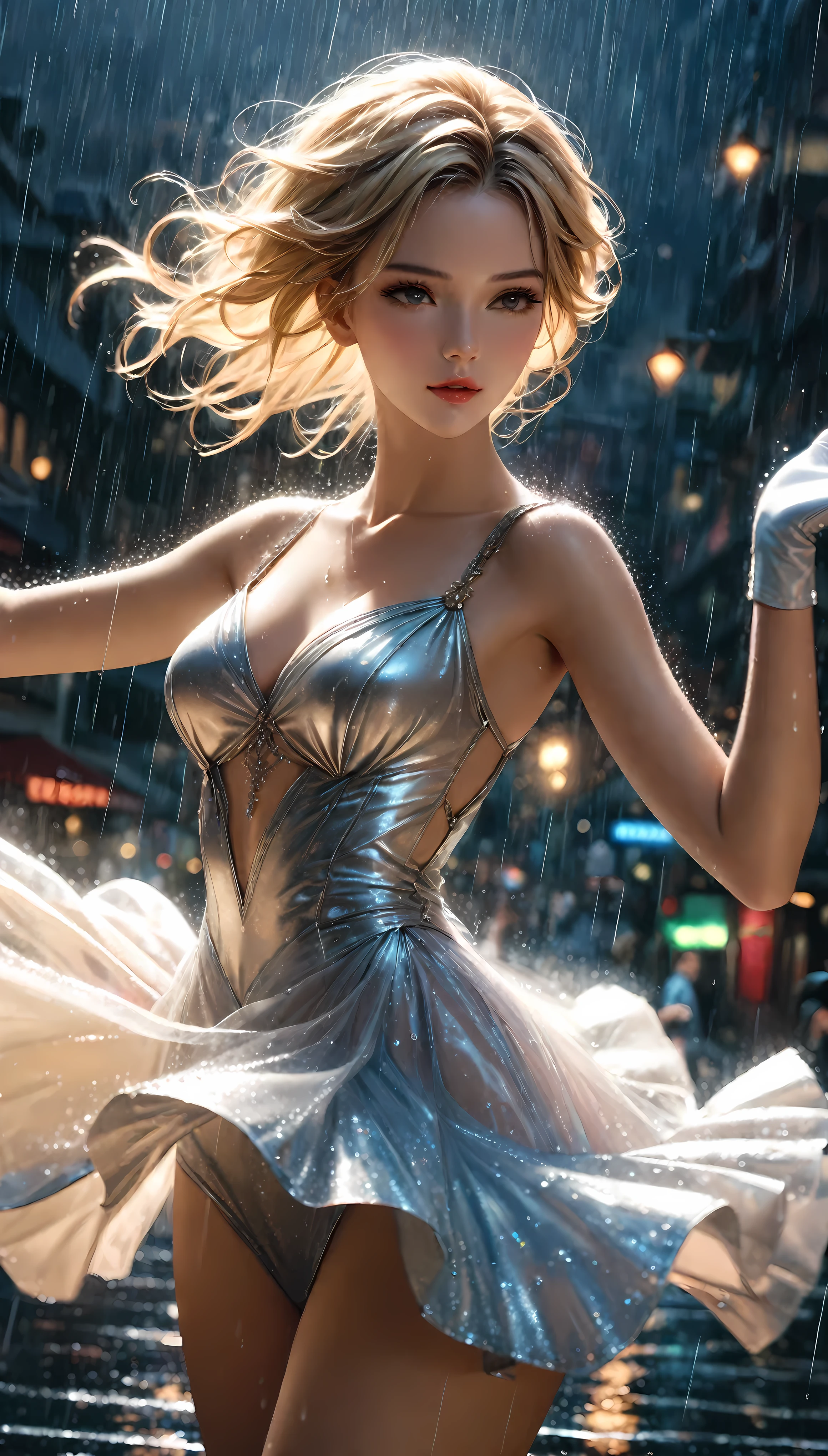((Masterpiece in maximum 16K resolution):1.6),((soft_color_photograpy:)1.5), ((Ultra-Detailed):1.4),((Movie-like still images and dynamic angles):1.3). | (cinematic photo of Supermodel beauty dancing in a rainy day), (Blonde Supermodel Beauty), ((dancing in the rain):1.2), (focus on the dance), (cinematic lens), (exotic city background in a heavy rain), (city lights), (luminous object), (female hand gloves), (Festive atmosphere), (shimmer), (aesthetic dancing accesories), (visual experience),(Realism), (Realistic),award-winning graphics, dark shot, film grain, extremely detailed, Digital Art, rtx, Unreal Engine, scene concept anti glare effect, All captured with sharp focus. | Rendered in ultra-high definition with UHD and retina quality, this masterpiece ensures anatomical correctness and textured skin with super detail. With a focus on high quality and accuracy, this award-winning portrayal captures every nuance in stunning 16k resolution, immersing viewers in its lifelike depiction. | ((perfect_composition, perfect_design, perfect_layout, perfect_detail, ultra_detailed)), ((enhance_all, fix_everything)), More Detail, Enhance.