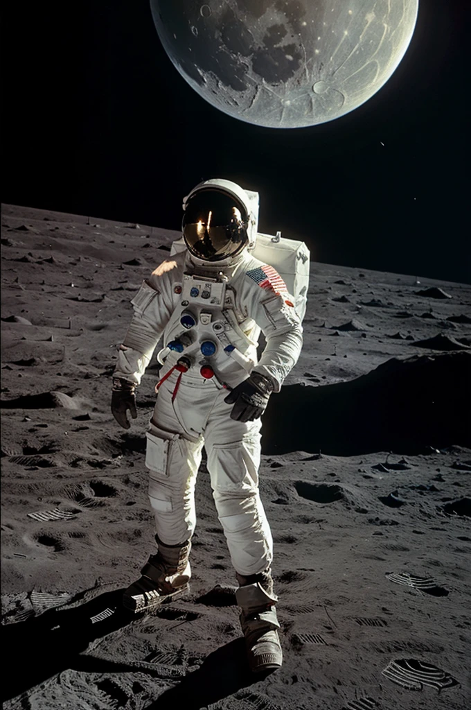 The astronaut stands on the moon and looks towards the earth and the earth is visible in space