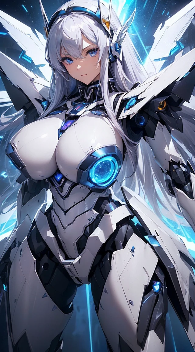 ((Extreme close up:1.6))、(((Lenses shining on both breasts:1.3)))、((A blue pillar of light emanates from both of his chests..:1.3))、break、(((Dynamic pose:1.8)))、smile、((8K)), ((32k)), ((Highest quality)), ((masterpiece)), ((超A high resolution)), ((Tmasterpiece)), ((Halation:1.4))、((Mechaニカルheadgear:1.2))、((Cyber Headphones:1.3))Fine skin, High quality fabric, High-quality metal texture、((Beautiful and dense face))、RAW Photos、Professional, Ultra-fine painting, ((alone)), Beautiful breasts、Highest quality, Very detailed, Very detailed詳細, Finer details, so beautiful, ((Princess Knight Robot:1.2)), (Joint of the machine, Mechanical Limbs:1.3), (The internal structure of the machine is exposed:1.3), (Long silver hair:1.1), (Beautiful and huge mechanical breasts)、White Veil, cowboy_shot, Side Focus, headgear, Shiny、(Five Fingers, Four fingers and thumb),Concept Art, Anime fantasy artwork, Detailed fantasy art, (with pale blue-violet hair and large white wings,,,,,,,,), (((Long silver hair))), (Mecha:1.6)、Sleek and intimidating design, ((Commander-in-Chief'arm)), (Perfect robot body)、純白と青紫のarmまたは, Symmetrical wings, 8K High Resolution, Detailed Art, 3D rendering of character art in 8K, neat legs, Defined, Defined fingers,((headshot:1.3))
