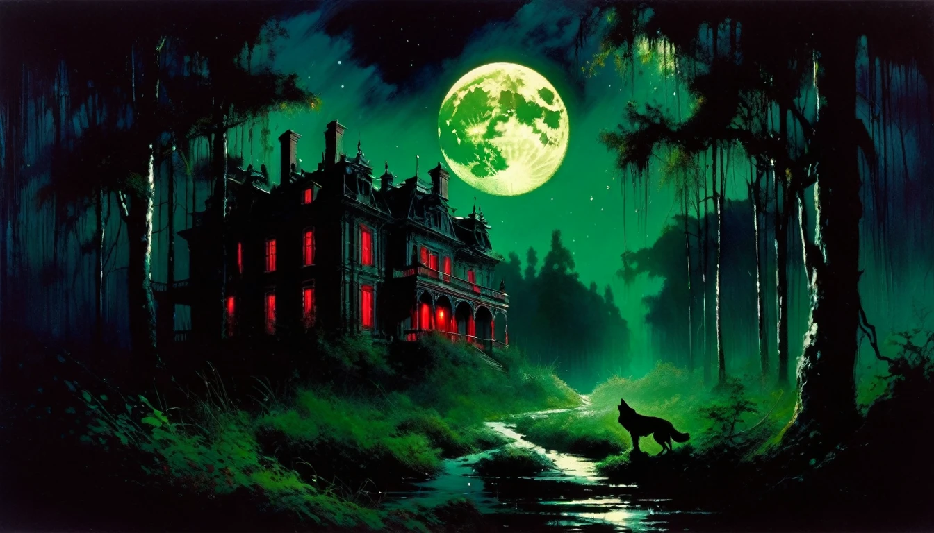 a decaying abandoned mansion in a lush overgrown forest, full moon glowing red in a dark night sky, shadowy wolf silhouettes prowling through the scene, twinkling stars, (best quality, 4k, 8k, highres, masterpiece:1.2), ultra-detailed,(realistic, photorealistic, photo-realistic:1.37), oil painting, intricate brushstrokes, dramatic lighting, dark moody atmosphere, chiaroscuro, Bill Sienkiewicz inspired art
