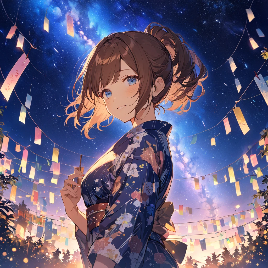 good looking, alone, 1 female, Medium Hair, Brown Hair, Pink highlights on the tips,Smile Facial,tanabata,milky way,yukata,Brown Hair,ponytail,Blue eyes