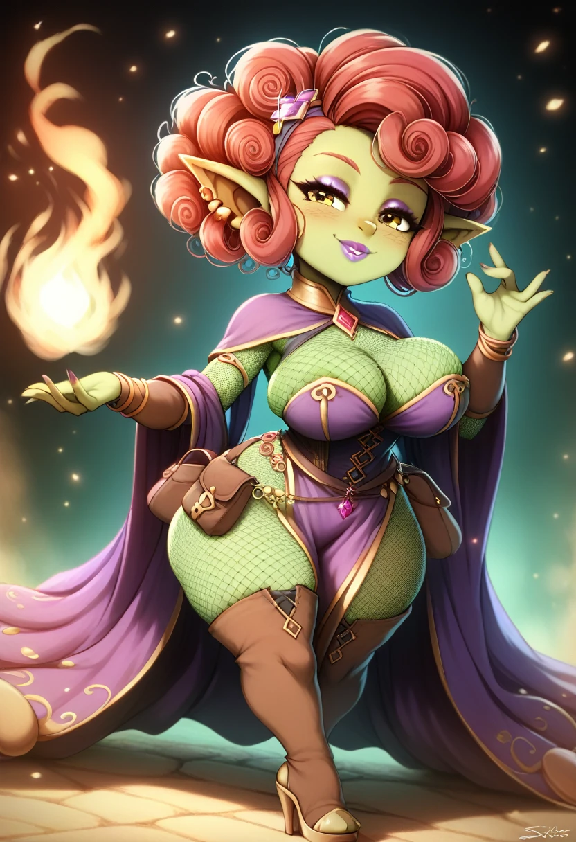 Girl, goblin girl, goblin, green skin, short, short stature,short hair, red hair, curly hair, large , long gloves, thigh boots, pouty lips, masterpiece, best quality, sexy, dmic pose, 8k, shortstack, sfw, shiny, fantasy, dungeons and dragons, high heels, fishnets, holding, dark green skin, adventurer, sexy pose,rcerer, sorceress, pyromancer, fire, magic, long detailed sexy colorfuless, thigh pouch, very curly hair, lots of belts, curly hairstyle, lipstick, rosy cheeks, smile, eyeshadow, eye liner