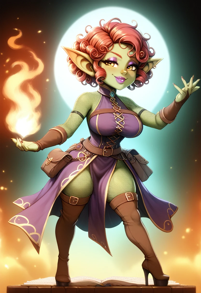 Girl, goblin girl, goblin, green skin, short, short stature,short hair, red hair, curly hair, large breasts, long gloves, thigh boots, pouty lips, masterpiece, best quality, sexy, dynamic pose, 8k, shortstack, sfw, shiny, fantasy, dungeons and dragons, high heels,  fishnets, holding, dark green skin, adventurer, sexy pose, sorcerer, sorceress, pyromancer, fire, magic, long detailed sexy colorful dress, thigh pouch, very curly hair, lots of belts, curly hairstyle, lipstick, rosy cheeks, smile, eyeshadow, eye liner 