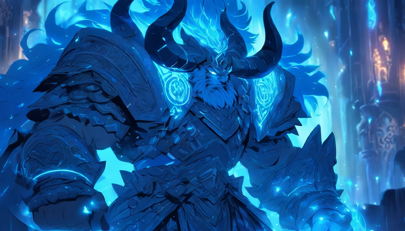 old anime style, artbook, comicbook, RPG, futuristic medieval, Steampunk. A magical ice minotaur dwarf warrior, wearing battle armor with glowing magical markings, pose dynamics, fully body, human face with bright magical tribal tattoos with cold tones, minotaur characteristics, metallic blue horns with glowing magic markings, minitaur tail, magical blue stone skin with glowing carved marks, glare eyes, using a technological magic long ax with glowing magic circuits. In a metropolis of a kingdom of an ancient civilization of dwarves with advanced technology, with tall buildings with neon details, mixing technology with magical vegetation, Steampunk. Broad scenario, cinematic scene with several layers of depth, dynamics, magical lighting.
