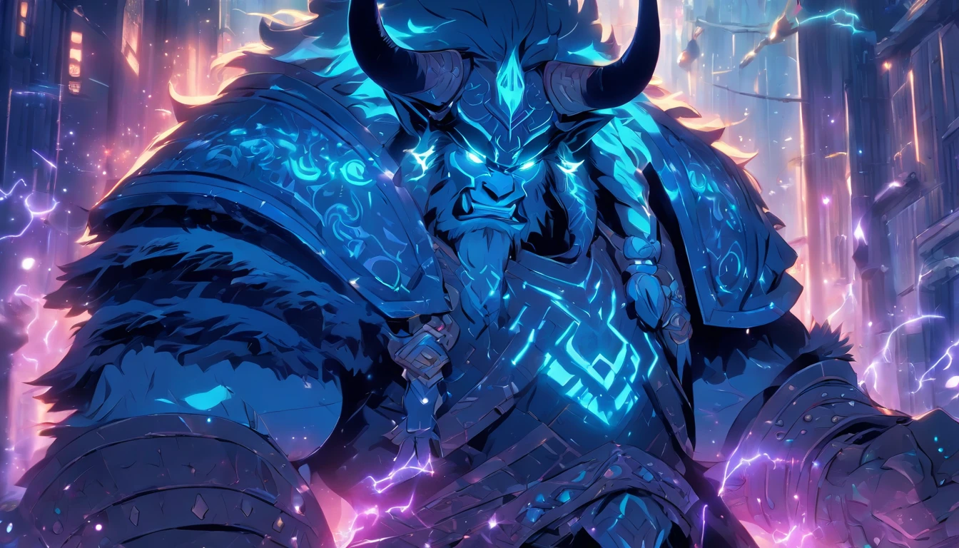 old anime style, artbook, comicbook, RPG, futuristic medieval, Steampunk. A magical ice minotaur dwarf warrior, wearing battle armor with glowing magical markings, pose dynamics, fully body, human face with bright magical tribal tattoos with cold tones, minotaur characteristics, metallic blue horns with glowing magic markings, minitaur tail, magical blue stone skin with glowing carved marks, glare eyes, using a technological magic long ax with glowing magic circuits. In a metropolis of a kingdom of an ancient civilization of dwarves with advanced technology, with tall buildings with neon details, mixing technology with magical vegetation, Steampunk. Broad scenario, cinematic scene with several layers of depth, dynamics, magical lighting.