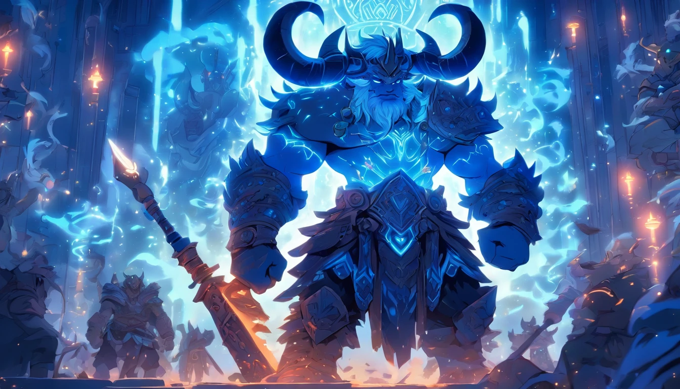 old anime style, artbook, comicbook, RPG, futuristic medieval, Steampunk. A magical ice minotaur dwarf warrior, wearing battle armor with glowing magical markings, pose dynamics, fully body, human face with bright magical tribal tattoos with cold tones, minotaur characteristics, metallic blue horns with glowing magic markings, minitaur tail, magical blue stone skin with glowing carved marks, glare eyes, using a technological magic long ax with glowing magic circuits. In a metropolis of a kingdom of an ancient civilization of dwarves with advanced technology, with tall buildings with neon details, mixing technology with magical vegetation, Steampunk. Broad scenario, cinematic scene with several layers of depth, dynamics, magical lighting.