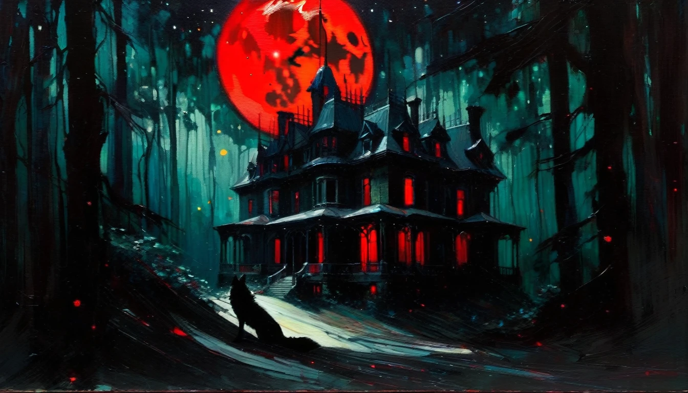 Abandoned mansion in a lush forest, red moon, darkness, shadow play, a dark wolf in scene, stars, (art inspired in Bill Sienkiewicz). oil painting, details of brush strokes that enhance depth)
