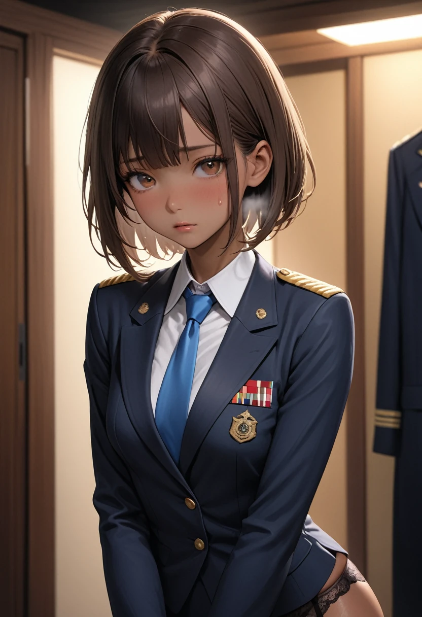 (masterpiece,Highest quality:1.3,best quality illustration),realistic,cowboy shot,1woman,30 year old Japanese beauty,Naval officer、((very small head:1.3)),short bob hair,brown hair,bangs,brown eyes,gorgeous eyes,shy,Heavy breathing,((Dark blue blazer jacket、Blue tie、Navy blue tight mini skirt、Black garter belt,black thighhighs))、navy uniform,small breasts,((very long body:1.4,tan skin)),(toned body,slender body,skinny),gleaming skin,shiny skin,sweat:1.2,standing,Study,indirect lighting、