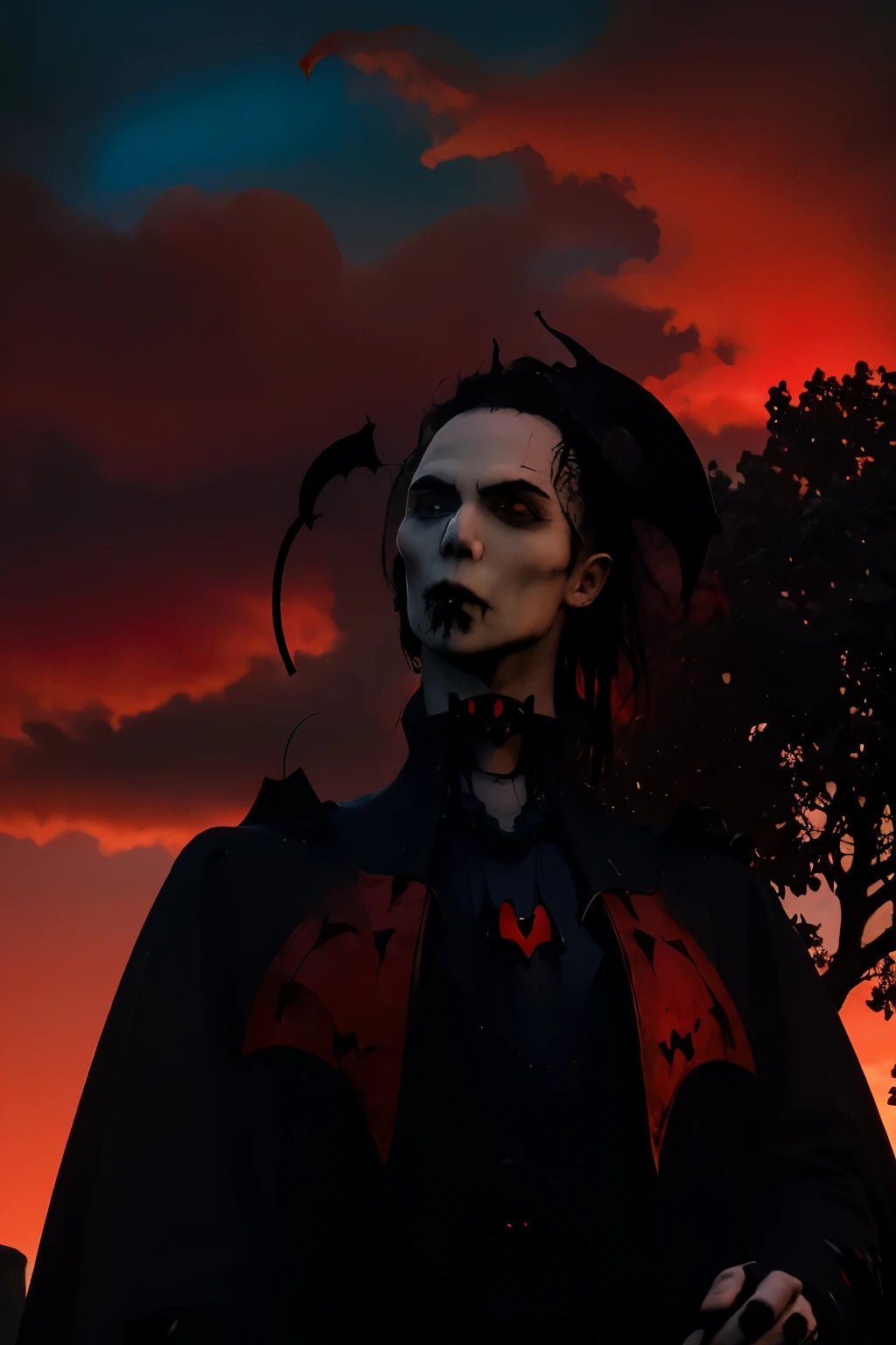 a hyperrealistic background of a field with blue sky, (blue skye: 0.5), red sky, ((red sky: 1.5)), (realistic red sky), clouds, (realistic clouds), and trees, ((vampire style, gothic style: 1.5)), fashion style, (realistic background), (natural lighting:1.5)