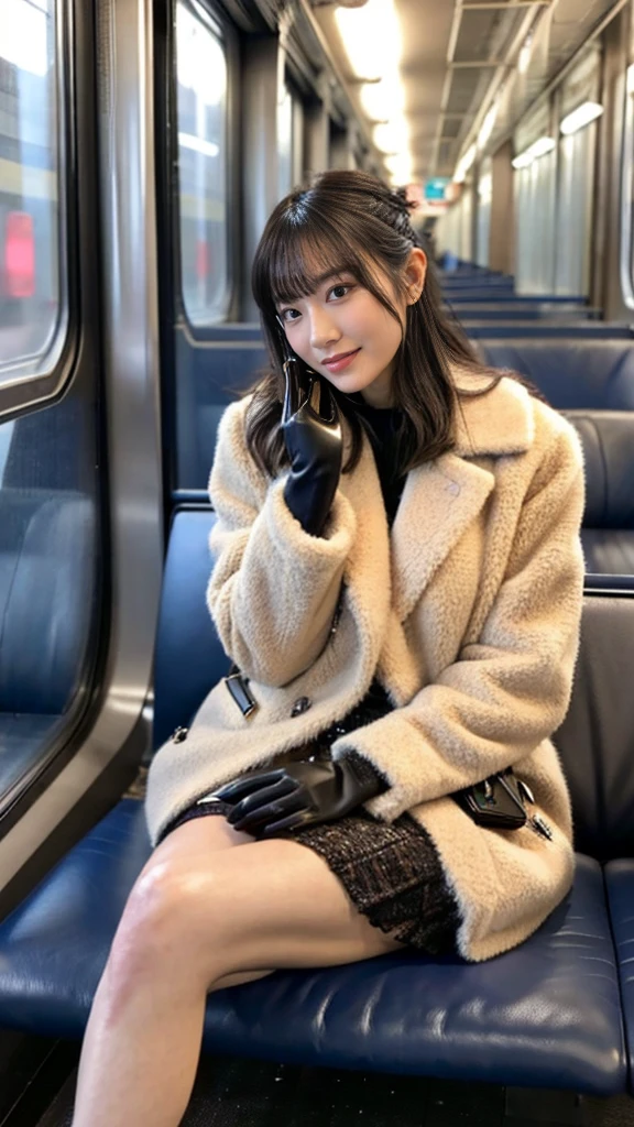 A full-body photo of a mature Japanese gal high school girl with flashy hair wearing a cute fur coat with leather shoes and shiny thin black leather gloves,sitting cross-legged,Five fingers,Inside the train,Voyeur,Heavy makeup face eyeshadow,mascara,cross the her legs,Ultra-detailed face, open eyes,((Legs crossed)).Smelly short black socks, Ultra Mini Skirt,She looks at the photographer with an inviting expression.,School Bags,This photo was taken in daylight with soft lighting..、sitting in a subway train seat.。. This photo was taken by someone on their cell phone..、Apparently it was posted on Snapchat.。.