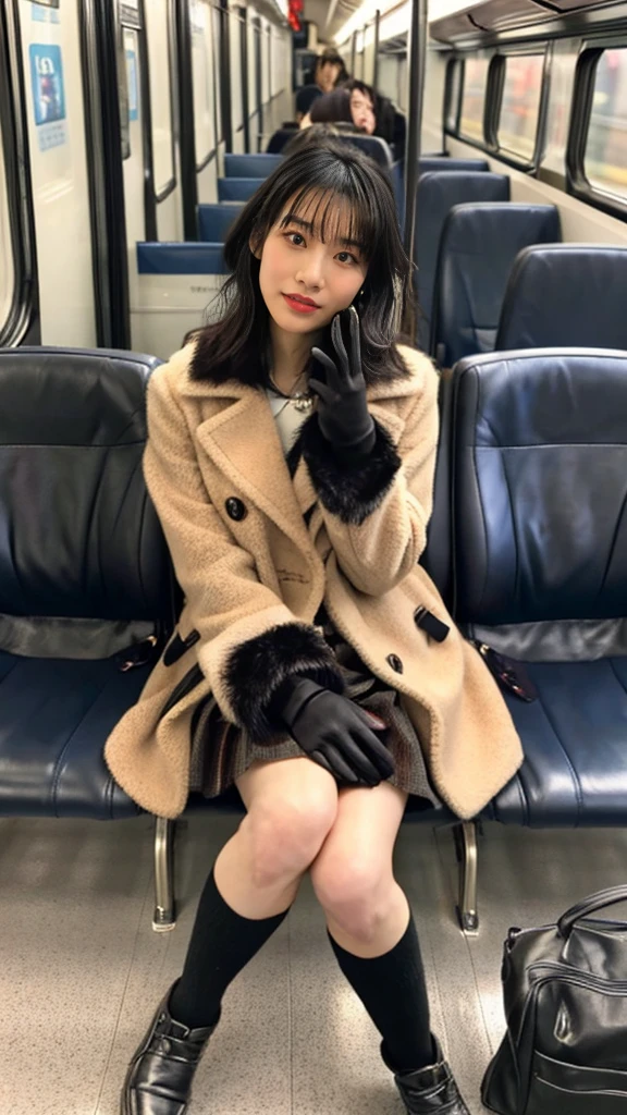 A full-body photo of a mature Japanese gal high school girl with flashy hair wearing a cute fur coat with leather shoes and shiny thin black leather gloves,sitting cross-legged,Five fingers,Inside the train,Voyeur,Heavy makeup face eyeshadow,mascara,cross the her legs,Ultra-detailed face, open eyes,((Legs crossed)).Smelly short black socks, Ultra Mini Skirt,She looks at the photographer with an inviting expression.,School Bags,This photo was taken in daylight with soft lighting..、sitting in a subway train seat.。. This photo was taken by someone on their cell phone..、Apparently it was posted on Snapchat.。.