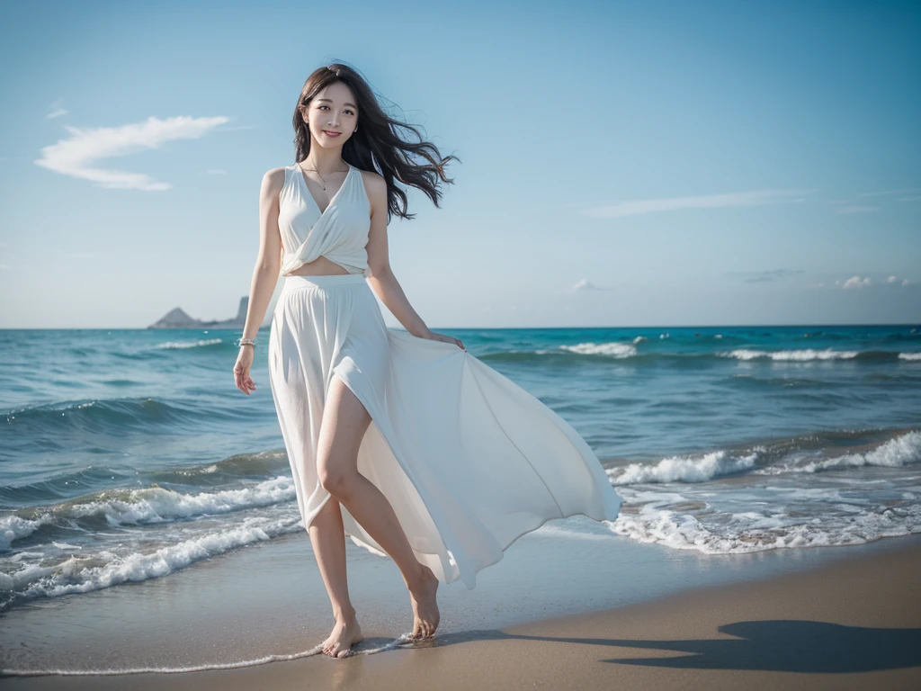 uh., Beautiful 46-year-old short Korean woman, Chest size 34 inches, Wear sleeveless, white light skirt. beautiful pretty woman look , wearing a light skirt , Go far into the sea water and dip your toes., 바람에 날리는 짧은 미디엄 헤uh, 1 short woman, beautiful eyes, a little smile, Full-body photo taken from afar with a wide-angle lens, The background is clean and perfect., waves moved by the wind, best high definition