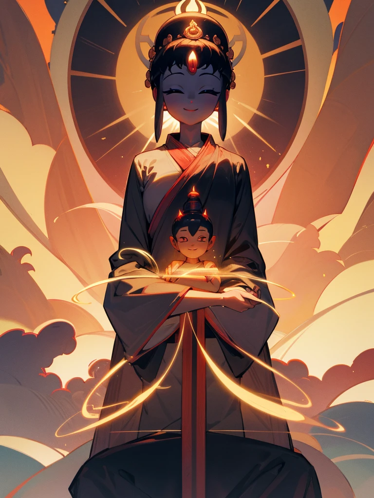Amitabha Buddha smiling eyes closed buddha posture halo black hair hands together third eye