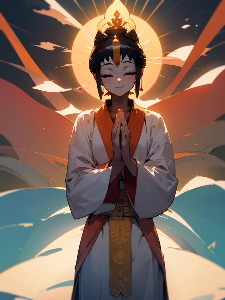 Amitabha Buddha smiling eyes closed buddha posture halo black hair hands together third eye