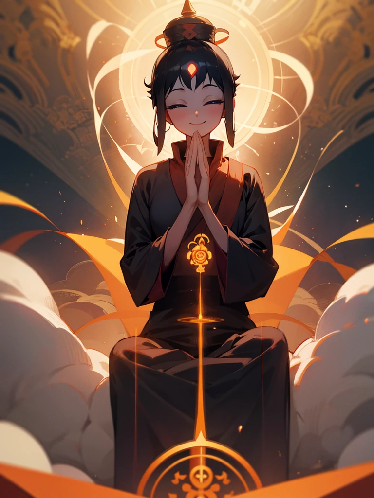 Amitabha Buddha smiling eyes closed buddha posture halo black hair hands together third eye