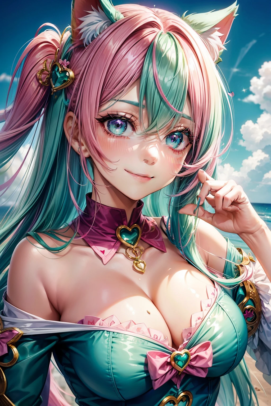 (( Pink green hair color)), pink eyes, woman, teal blue gold clothes,happy face, sexy outfit, cat ears, hearts, floating hearts, face only,  long hair, smiling, hair ornament, up close face,  sexy clothes, sexy women , closed mouth smile, up close face, hair bows l