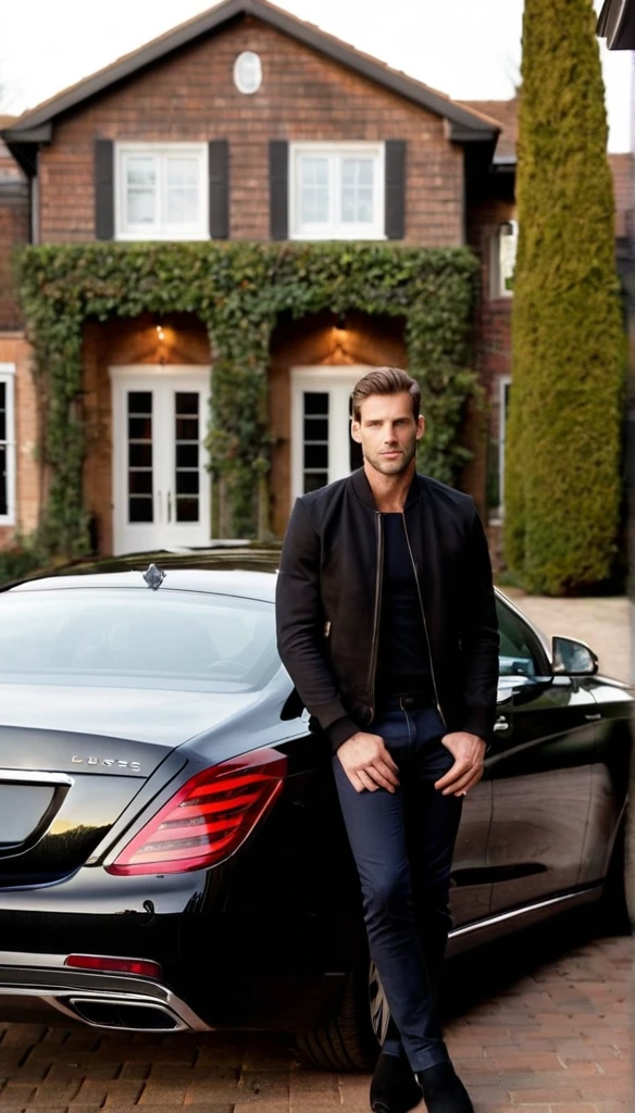 Produce a very realistic and detailed photo of a handsome, tall man, wearing a black jacket and behind the man there is a black luxury car and a luxury house