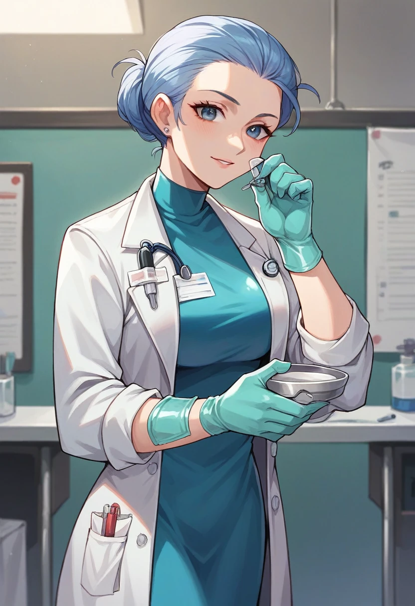 1girl, ((cuan gloves)), ((surgical gloves)), ((latex gloves)), ((long sleeves)) ((blue surgeon outfit)), looking at viewer, ((doctor)), standing, solo