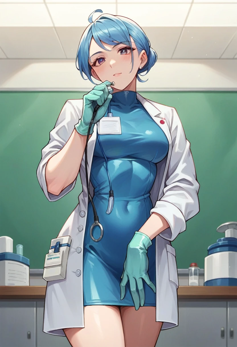 1girl, ((cuan gloves)), ((surgical gloves)), ((latex gloves)), ((long sleeves)) ((blue surgeon outfit)), looking at viewer, ((doctor)), standing, solo