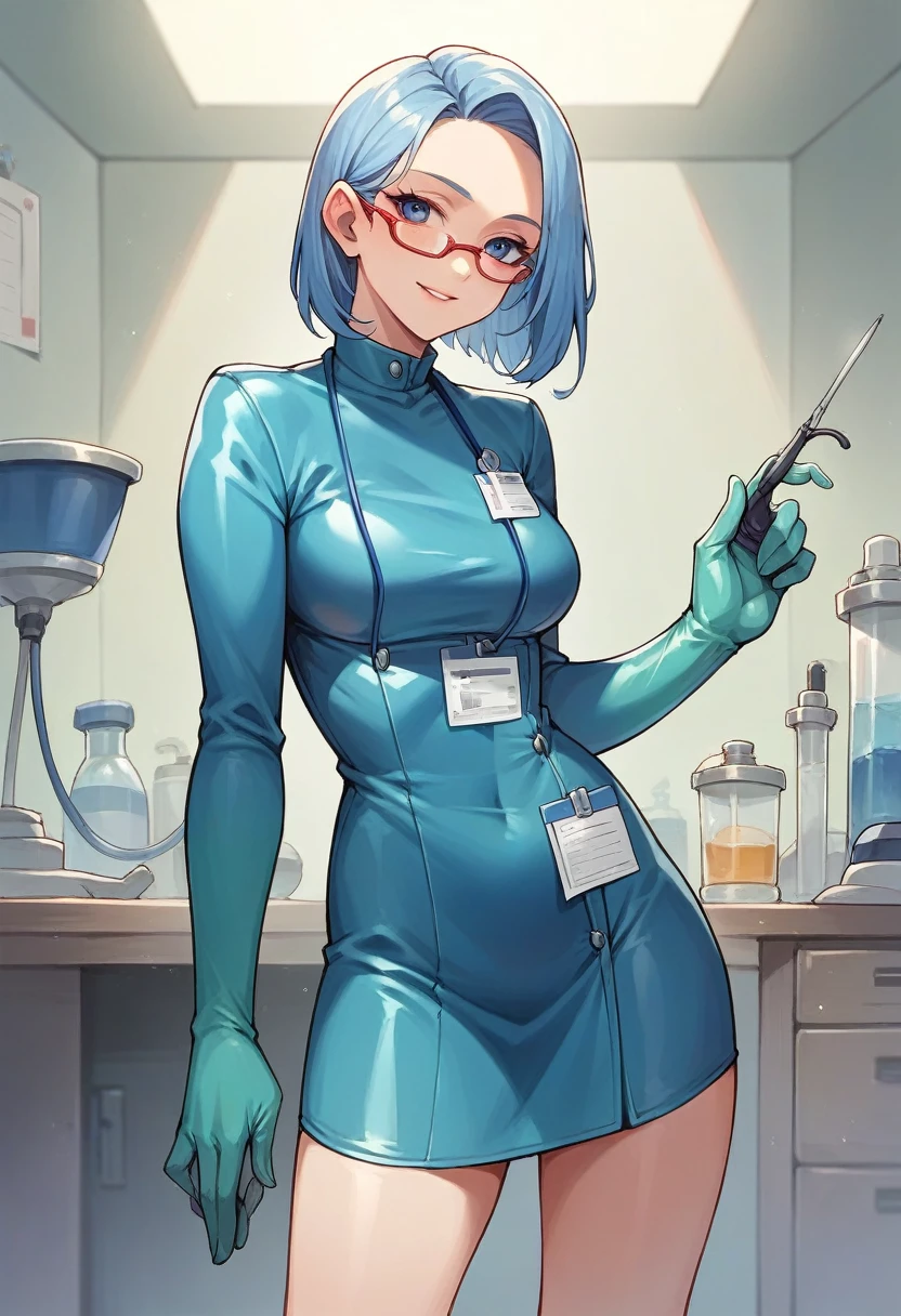 1girl, ((cuan gloves)), ((surgical gloves)), ((latex gloves)), ((long sleeves)) ((blue surgeon outfit)), looking at viewer, ((doctor)), standing, solo
