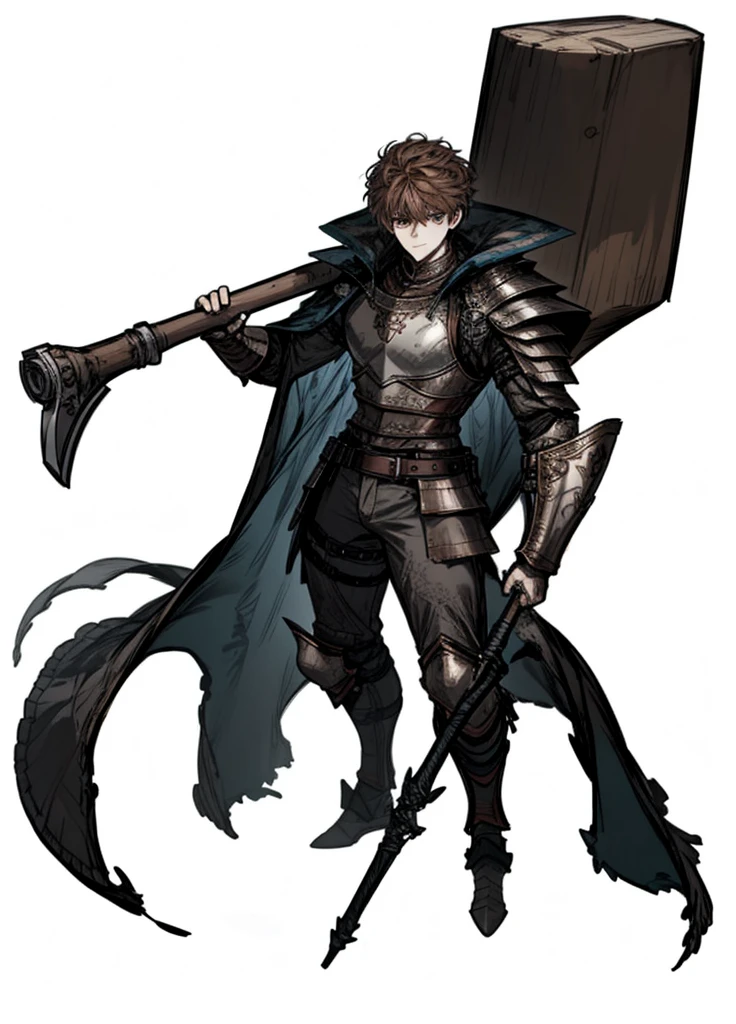 1boy, young, brown hair, leather armor, powerful warrior, nice clothes, (high resolution, high detail, best quality), giant hammer, cheerful, white background
