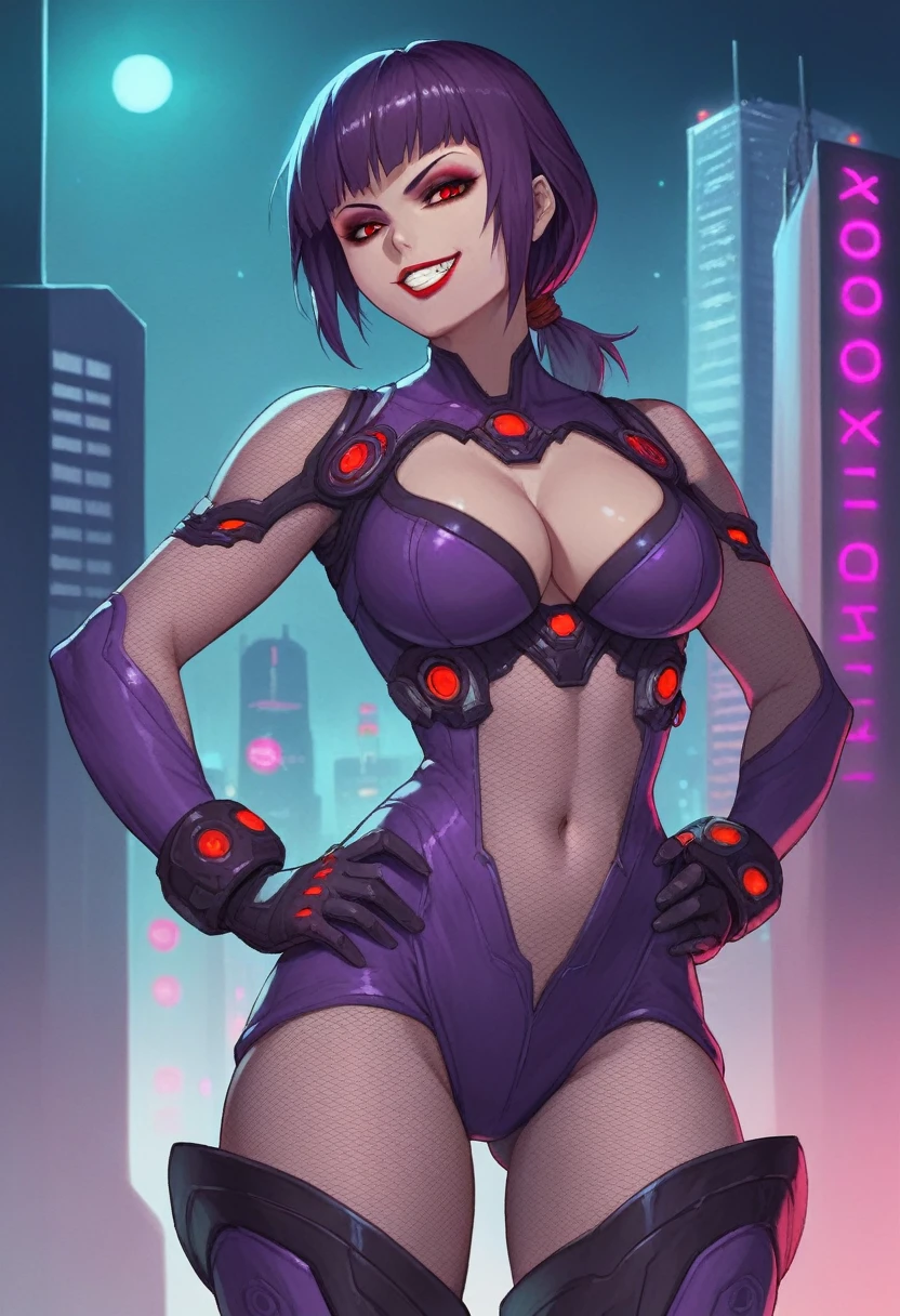 score_9, score_8_up, Oboro, 1girl, solo, hands on hips, futuristic city complex background, night, city lights, evil grin, purple short hair, bangs, eyeshadow, low ponytail, lipstick, makeup, red eyes, bodysuit, fishnets, navel, thigh boots, gloves, cleavage