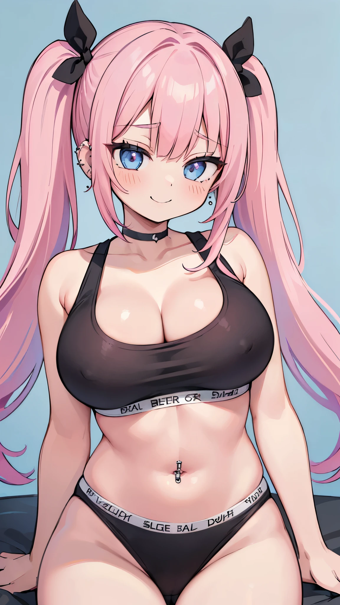 (masterpiece、Highest quality、Super detailed)、((One girl))、((Pink Hair))、((Twin tails))、((Light blue eyes))、evil smile、((lots of piercings))、((Very large breasts)) 、((black Sports Bra))、((black Sports panties))、ckundies、Cowboy Shot、Bedroom Background