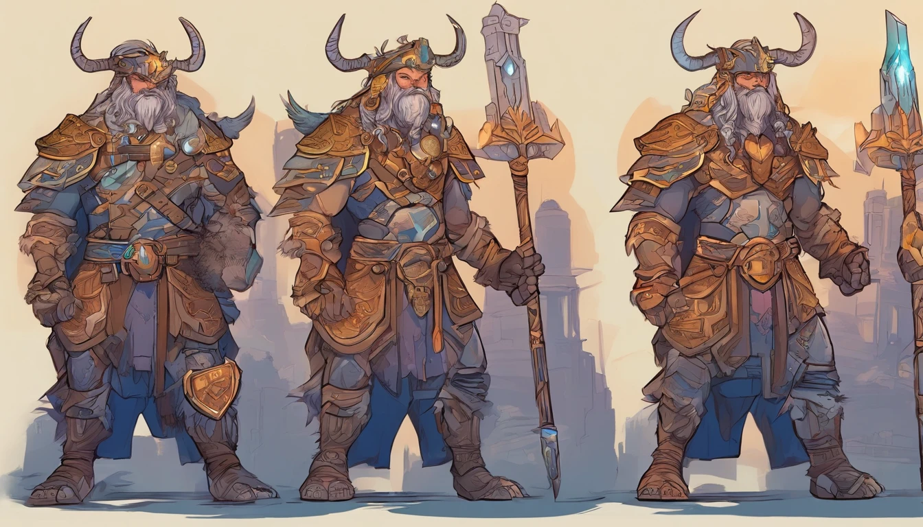Ancient anime style, artbook, comicbook, RPG, futuristic medieval, steampunk. A magical ice minotaur dwarf warrior, wearing battle armor with glowing magic markings, dynamic pose, full body, human face with glowing magical tribal tattoos with cool tones, minotaur features, metallic blue horns with glowing magic markings, minitaur tail , magical blue stone skin with glowing carved marks, glowing eyes, using a technological magic long ax with glowing magic circuits. In a metropolis of a kingdom of an ancient civilization of dwarves with advanced technology, with tall buildings with neon details, mixing technology with magical vegetation, steampunk. Wide scenery, cinematic scene with several layers of depth, dynamics, magical lighting.