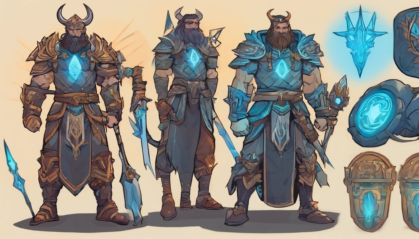 Ancient anime style, artbook, comicbook, RPG, futuristic medieval, steampunk. A magical ice minotaur dwarf warrior, wearing battle armor with glowing magic markings, dynamic pose, full body, human face with glowing magical tribal tattoos with cool tones, minotaur features, metallic blue horns with glowing magic markings, minitaur tail , magical blue stone skin with glowing carved marks, glowing eyes, using a technological magic long ax with glowing magic circuits. In a metropolis of a kingdom of an ancient civilization of dwarves with advanced technology, with tall buildings with neon details, mixing technology with magical vegetation, steampunk. Wide scenery, cinematic scene with several layers of depth, dynamics, magical lighting.