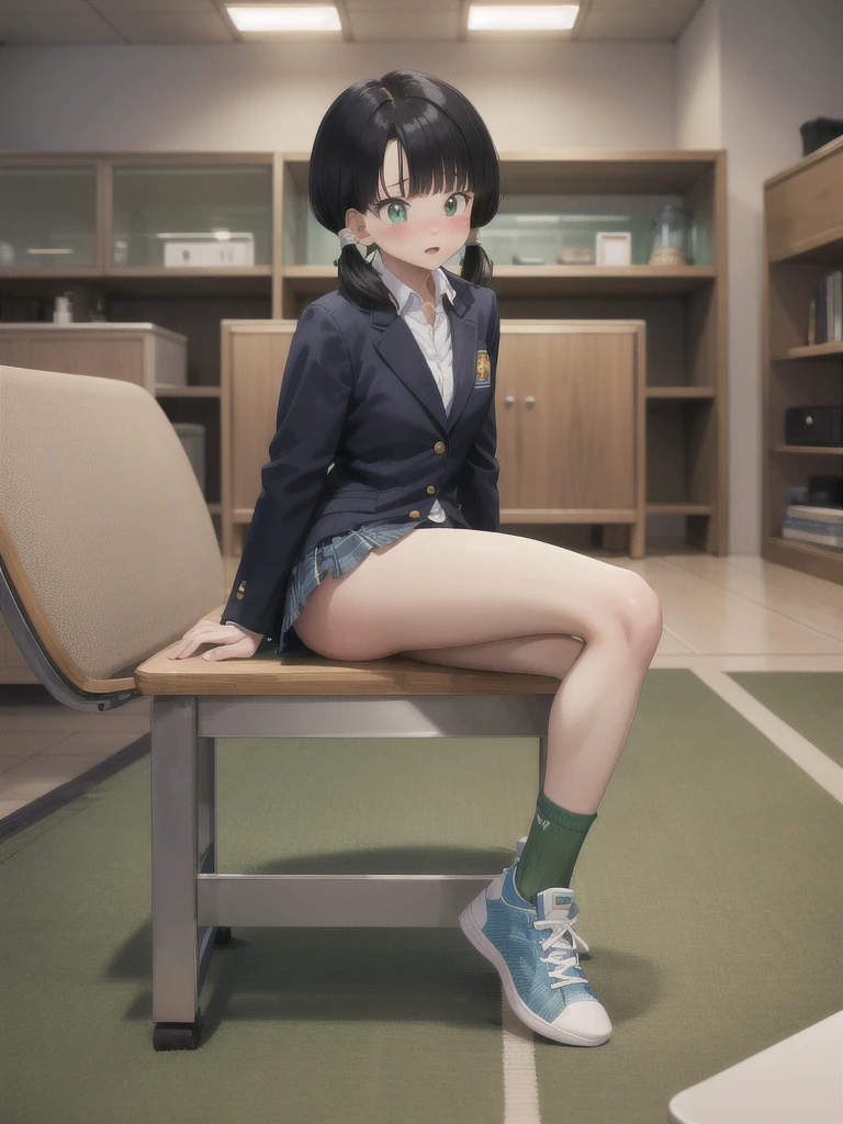 masterpiece, Highest quality, High resolution, Dragon Ball, He saw、Black hair color、Twin tails、Blunt bangs, High School Blazer、Blue-green checked mini skirt、White embroidered panties、sneakers、loose socks、whole body、Cowboy Shot, indoor, Sitting, Looking at the audience,blush、