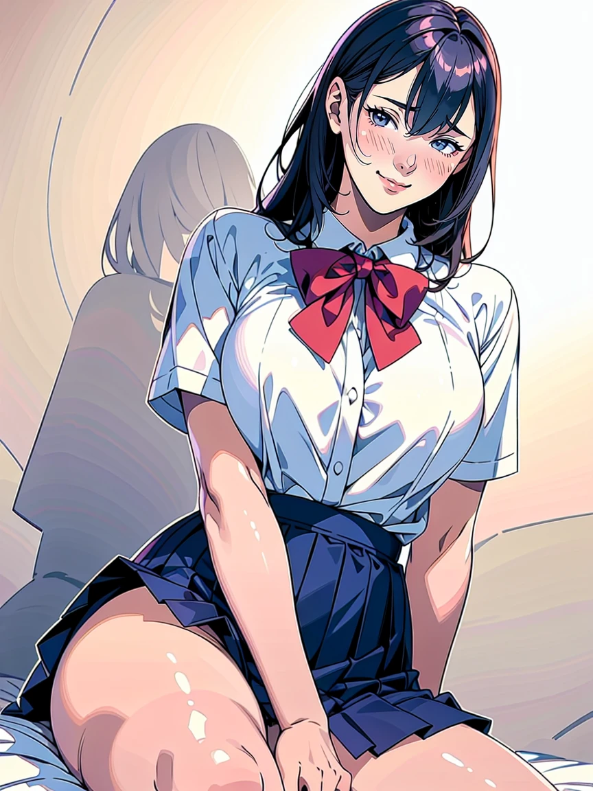 (Highest quality、Masterpiece、、Highest quality、Hyperrealism、Ultra HD)、(White polyester collared blouse:1.2)、(Navy Pleated Skirt:1.4)、( Red bow tie on chest:1.1)、Perfect Style、Perfect body line、Large Breasts、Slender body、Perfect beautiful anime style、Smooth anime CG art、(The simplest pure white background:1.1)、Sitting、Boldly exposed beautiful thighs、(Open your crotch to see your panties:1.1)、(Panties shot from below:1.1)、Embarrassed expression、blush、smile