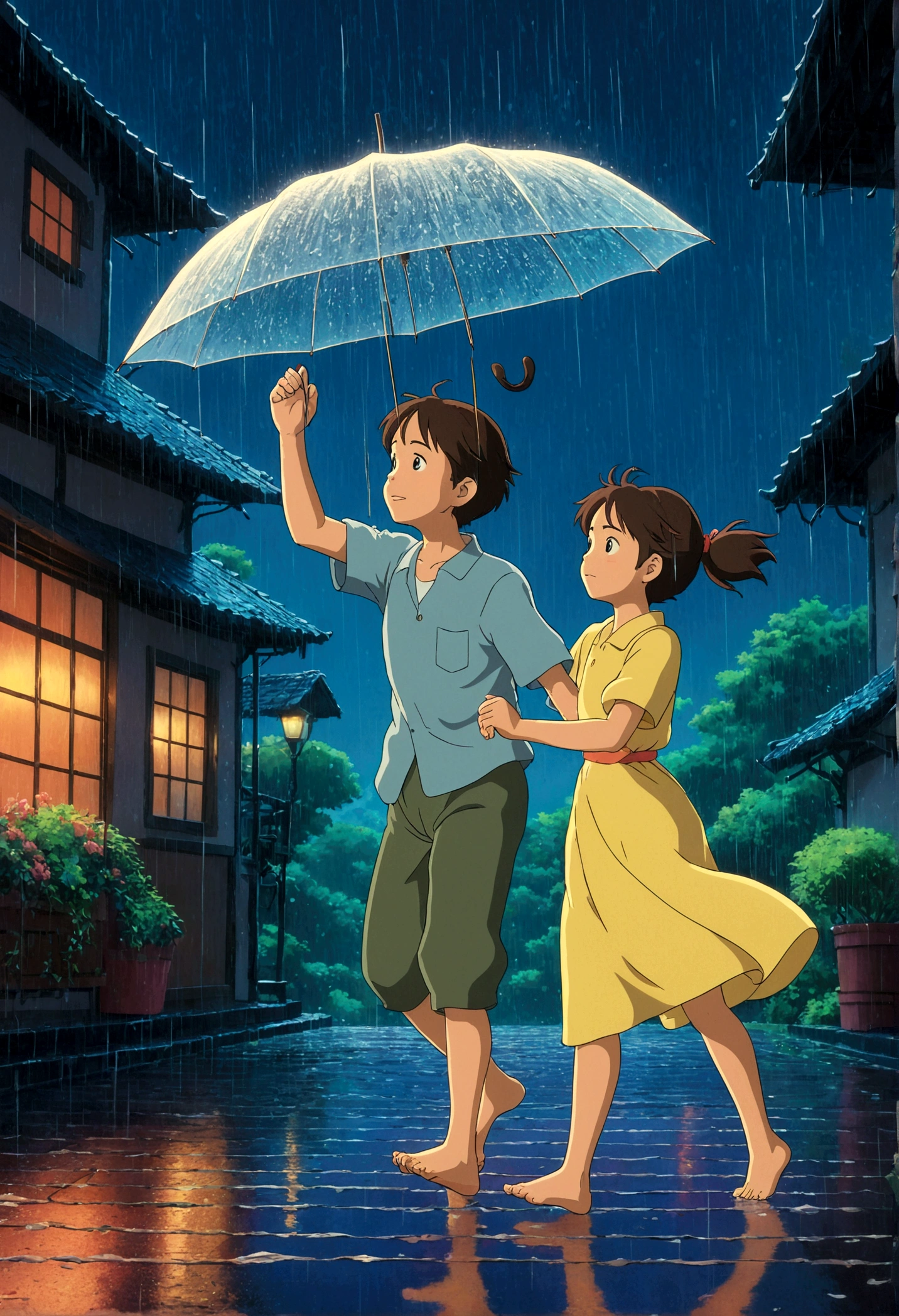 Dancing in the Rain, Studio Ghibli Style, Ghibli color, Miyazaki Hayao style, anime style, full body, cinematic still, cinemascope, best quality, masterpiece, very aesthetic, perfect composition, intricate details, ultra-detailed, vivid colors