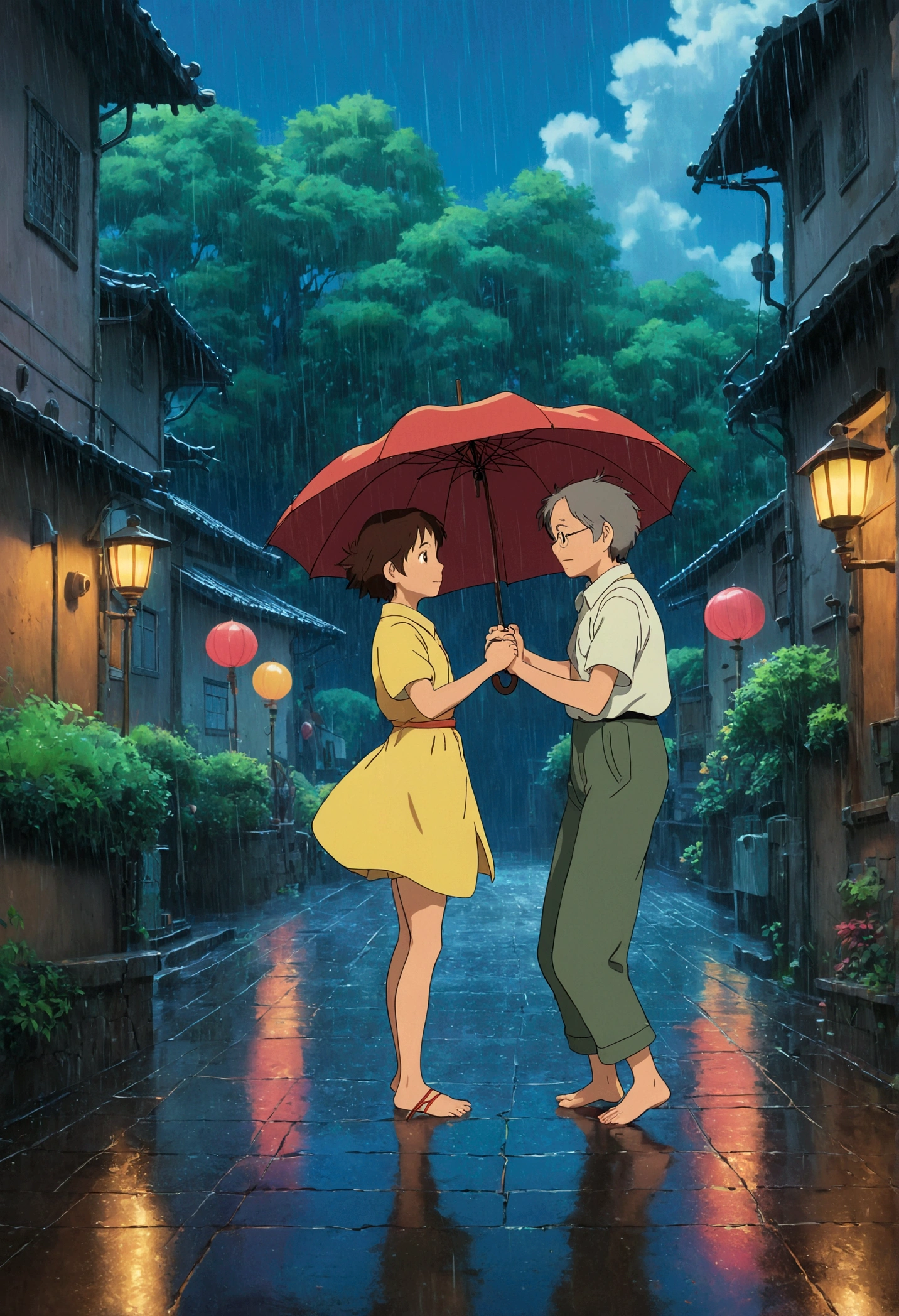 Dancing in the Rain, Studio Ghibli Style, Ghibli color, Miyazaki Hayao style, anime style, full body, cinematic still, cinemascope, best quality, masterpiece, very aesthetic, perfect composition, intricate details, ultra-detailed, vivid colors