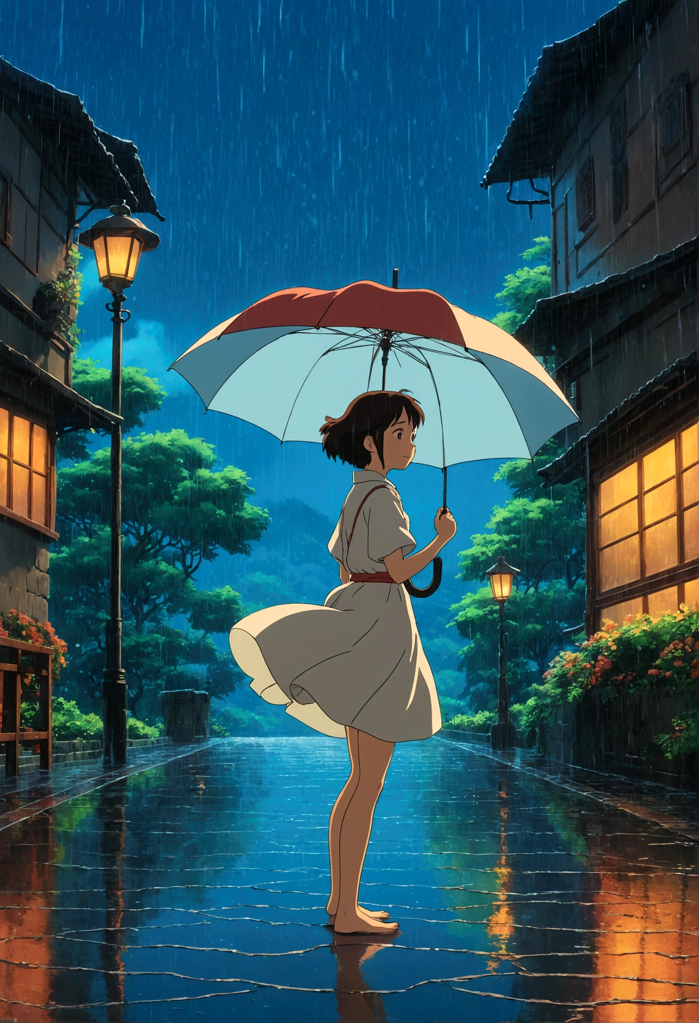 Dancing in the Rain, Studio Ghibli Style, Ghibli color, Miyazaki Hayao style, anime style, full body, cinematic still, cinemascope, best quality, masterpiece, very aesthetic, perfect composition, intricate details, ultra-detailed, vivid colors