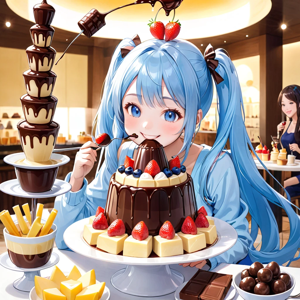 Light blue long hair、Beautiful girl with twin tails、Enjoying a large chocolate fondue tower、Bright smile