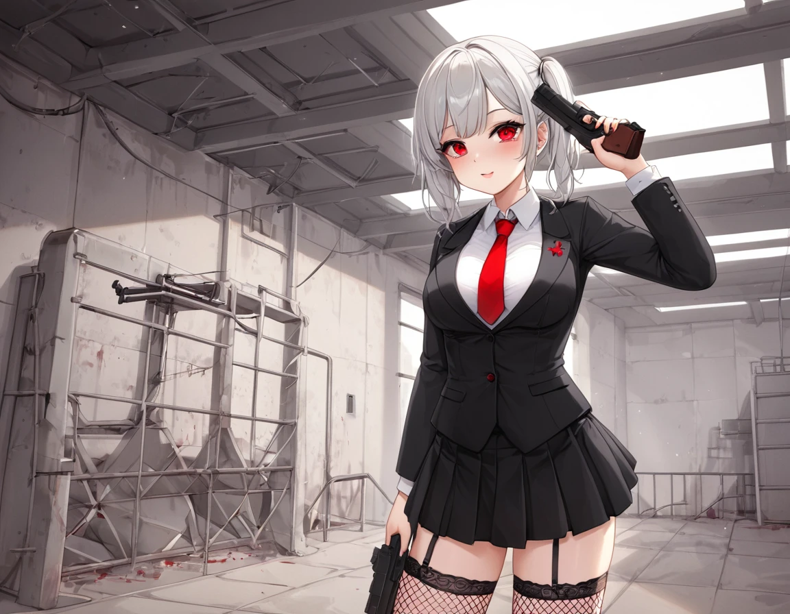 A shot that hit a gentleman in a full black suit in the head、Fresh red blood overflowing from the chest、fire a handgun、She lifts her skirt with both hands、Showing off cute white underwear.、Black garter belt、Black rough fishnet stockings、Plain white shirt with a red tie、Standing posture、Abandoned Factory