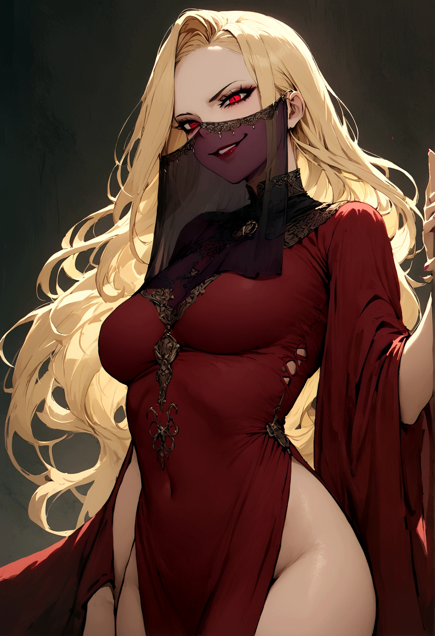 woman, cultist, long blond hair, mouth veil, perfect body, evil smile,  cultist cloak, seductive,cowboy shot, cultist clothes