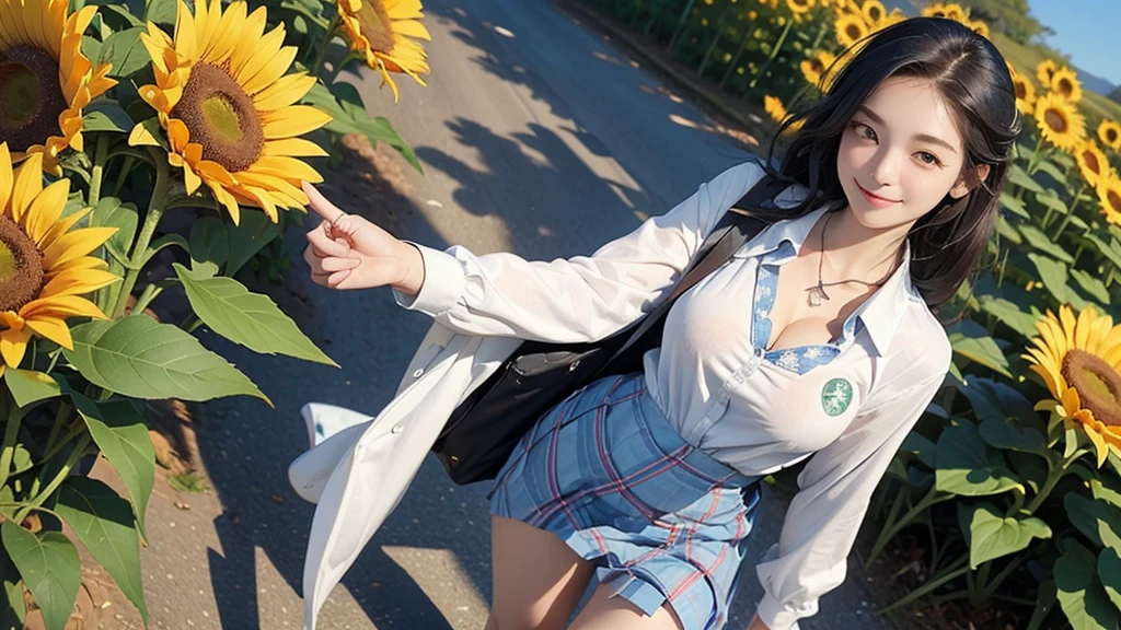 8K、RAW Photos、Highest quality、Super detailed、Super Resolution、Ultra HD、8K壁紙、Amazing details American blazer uniform girl ((White blouse with formal collar, Blue blazer, Blue plaid skirt, Red checkered ribbon on blouse)), Complete limbs, Full Finger, A large sunflower field in the countryside、Straight road、Walk through the sunflower field,smile、sun、School bag、Heart Necklace (Emphasize cleavage) (((Full body photo))) ((Blue sky))
((Having a Starbucks Coffee))