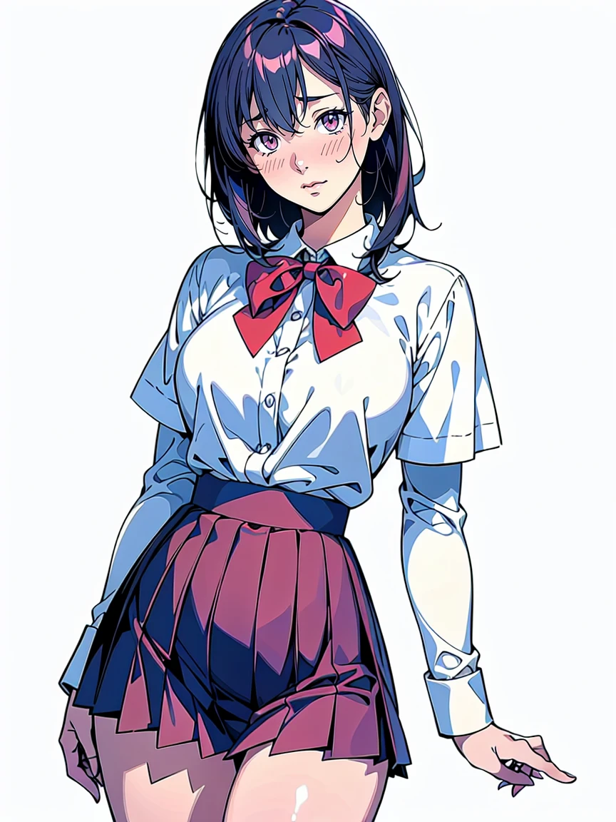(Highest quality、Masterpiece、、Highest quality、Hyperrealism、Ultra HD)、(White polyester collared blouse:1.2)、(Navy Pleated Skirt:1.5)、( Red bow tie on chest:1.1)、Perfect Style、Perfect body line、Large Breasts、Perfect beautiful anime style、Smooth anime CG art、(standing elegantly:1.3)、(The simplest pure white background:1.3)、(Photographing panties from underneath:1.2)、(Open your crotch to see your panties:1.1)、Embarrassed expression、blush