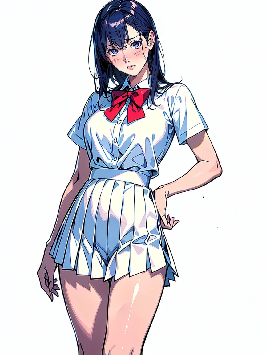 (Highest quality、Masterpiece、、Highest quality、Hyperrealism、Ultra HD)、(White polyester collared blouse:1.2)、(Navy Pleated Skirt:1.5)、( Red bow tie on chest:1.1)、Perfect Style、Perfect body line、Large Breasts、Perfect beautiful anime style、Smooth anime CG art、(standing elegantly:1.3)、(The simplest pure white background:1.3)、(Photographing panties from underneath:1.2)、(Open your crotch to see your panties:1.1)、Embarrassed expression、blush