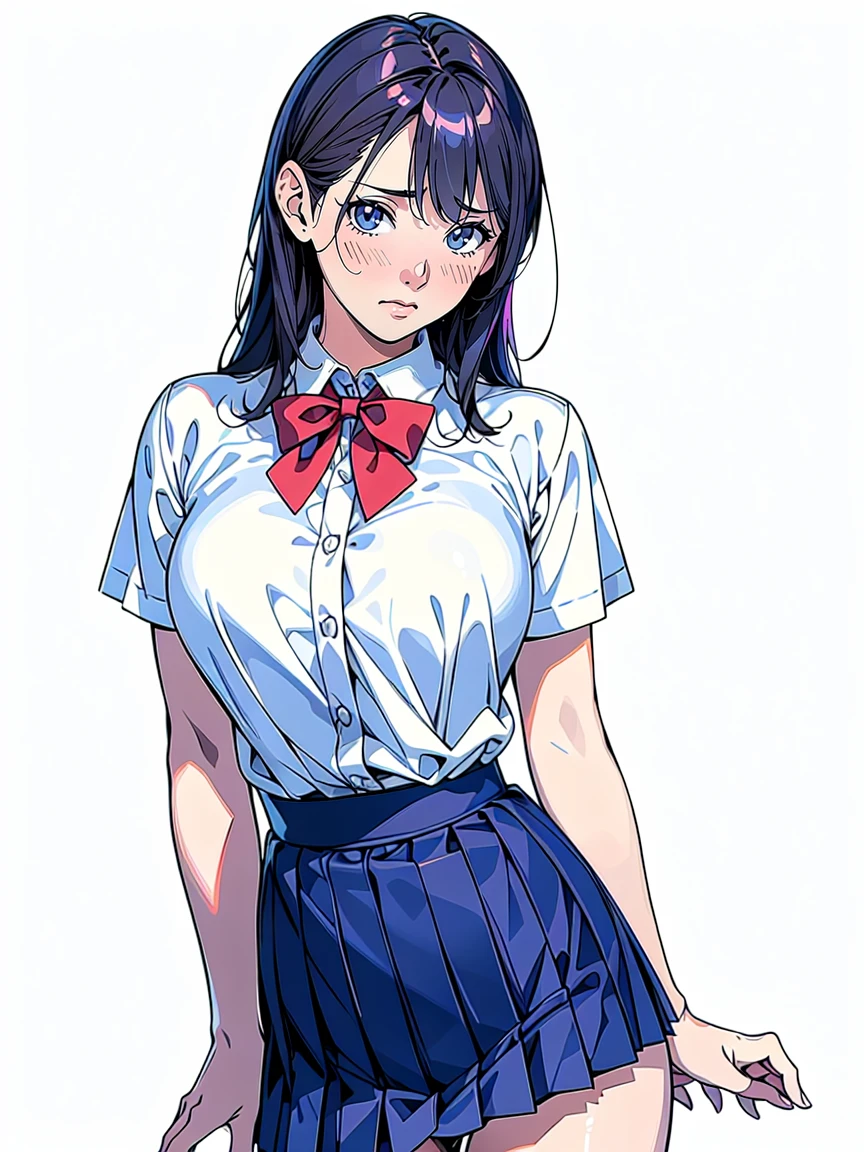 (Highest quality、Masterpiece、、Highest quality、Hyperrealism、Ultra HD)、(White polyester collared blouse:1.2)、(Navy Pleated Skirt:1.5)、( Red bow tie on chest:1.1)、Perfect Style、Perfect body line、Large Breasts、Perfect beautiful anime style、Smooth anime CG art、(standing elegantly:1.3)、(The simplest pure white background:1.3)、(Photographing panties from underneath:1.2)、(Open your crotch to see your panties:1.1)、Embarrassed expression、blush