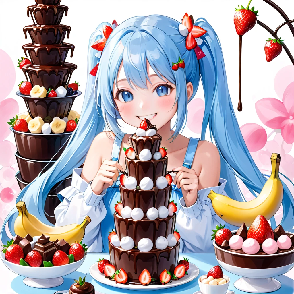 Light blue long hair、Beautiful girl with twin tails、Enjoying a large chocolate fondue tower、Bright smile、marshmallow、banana、strawberry