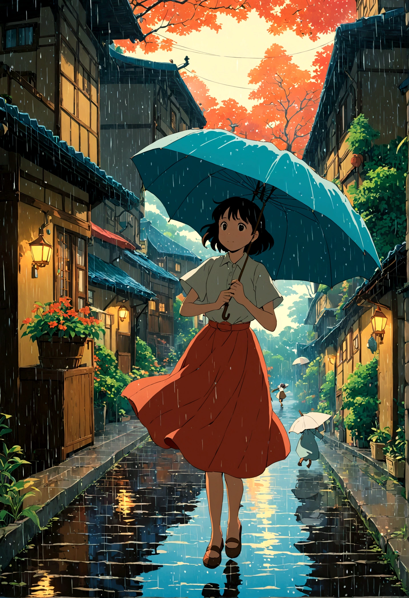 Dancing in the Rain, Studio Ghibli Style, Ghibli color, Miyazaki Hayao style, anime style, full body, cinematic still, cinemascope, best quality, masterpiece, very aesthetic, perfect composition, intricate details, ultra-detailed, vivid colors