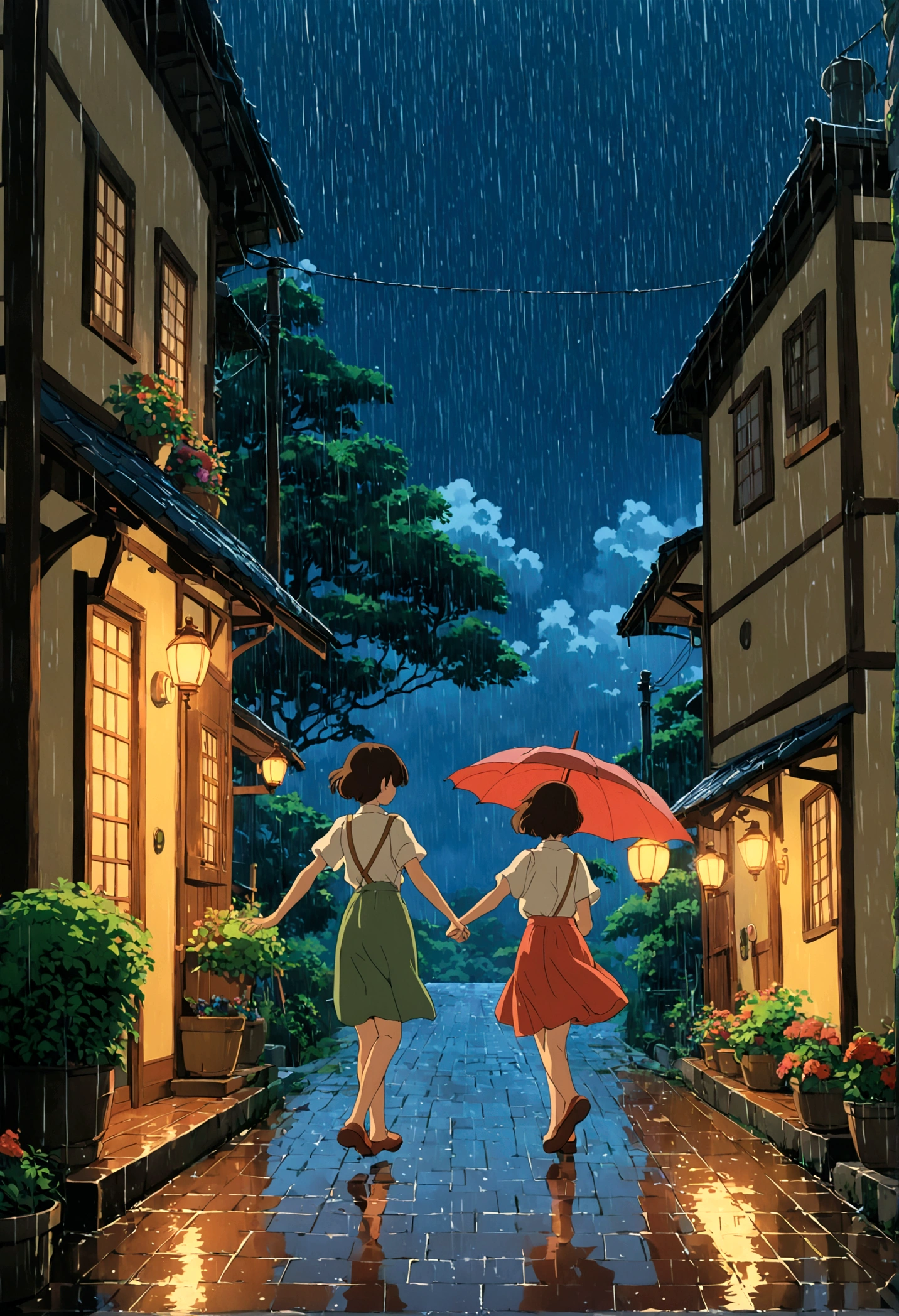 Dancing in the Rain, Studio Ghibli Style, Ghibli color, Miyazaki Hayao style, anime style, full body, cinematic still, cinemascope, best quality, masterpiece, very aesthetic, perfect composition, intricate details, ultra-detailed, vivid colors