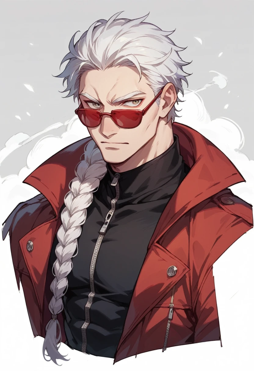  Concept ART ,human Male  ,red Sunglasses  , white hair,long braided ,zip Red Coat  , Black shirt 