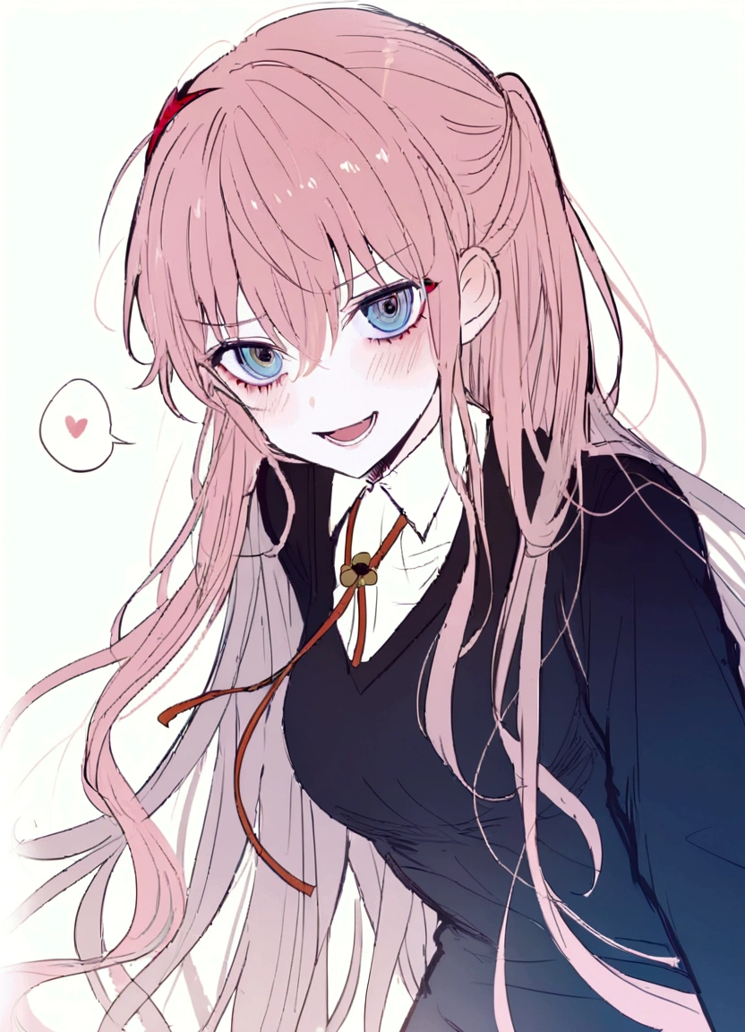 anime girl beautiful  with long pink hair and blue eyes wearing a black shirt, extremely cute anime girl face, zero two, cute anime girl portraits, (anime girl), [[[[grinning evily]]]], pink twintail hair and cyan eyes, anime girl with long hair, cute anime girl, cute anime girl portrait, gapmoe yandere