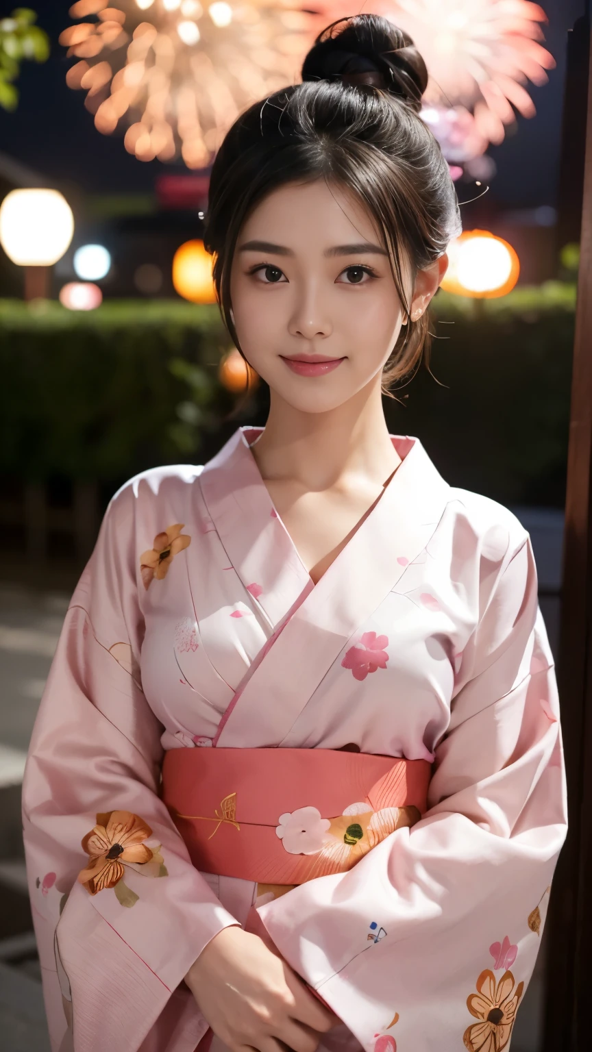 [super high quality,Masterpiece,Ultra high definition],((Japanese,woman,1 person,Super Beauty,Japanese beauty,A shy smile)),(seven-headed body,Model Body Type,Beautiful Skin,Dark brown eyes,a little sweaty),(Short Hair,Black Hair,Her hair is tied up in a bun),(A lustrous yukata,A yukata with a floral pattern made of pink fabric),Fan on the left,Watching fireworks in the night sky