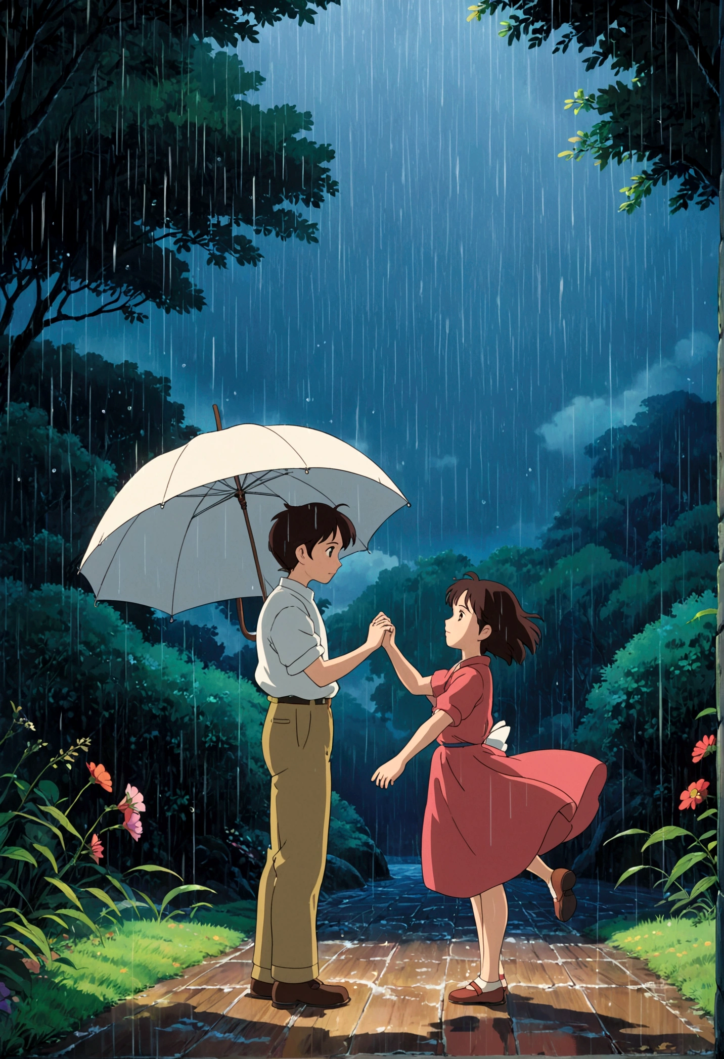 Dancing in the Rain, Studio Ghibli Style, Ghibli color, Miyazaki Hayao style, anime style, full body, cinematic still, cinemascope, best quality, masterpiece, very aesthetic, perfect composition, intricate details, ultra-detailed, vivid colors