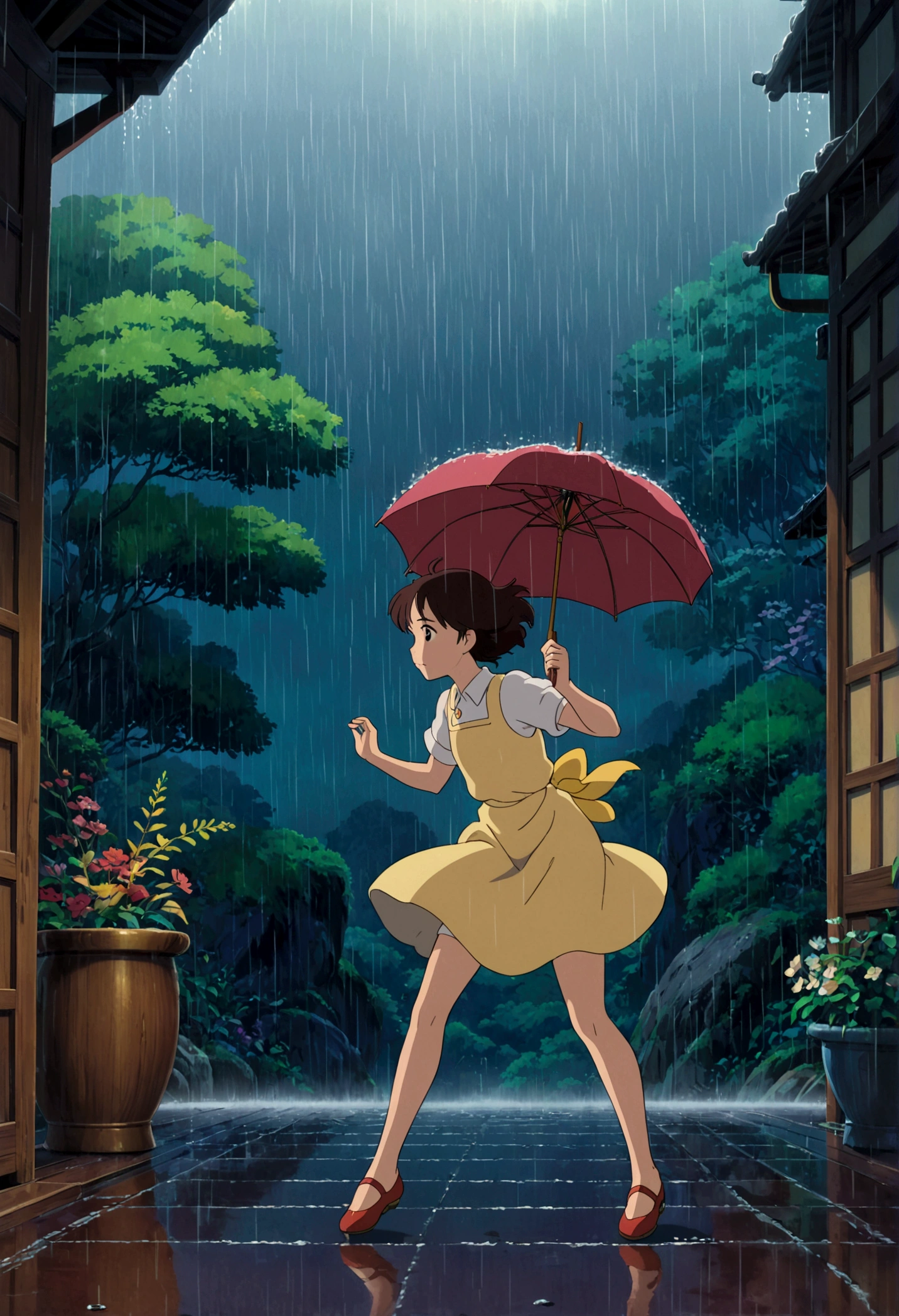 Dancing in the Rain, Studio Ghibli Style, Ghibli color, Miyazaki Hayao style, anime style, full body, cinematic still, cinemascope, best quality, masterpiece, very aesthetic, perfect composition, intricate details, ultra-detailed, vivid colors